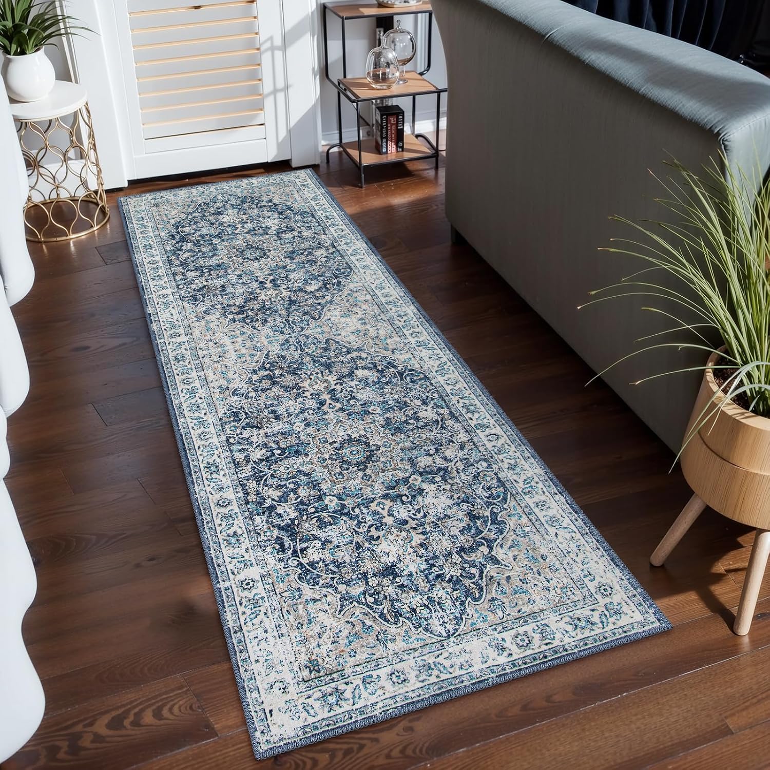 Beeiva Vintage Kitchen Runner Rug Washable, 2x6 Non Slip Low Pile Hallway Runner, Lightweight Soft No Shedding Rugs for Bathroom, Bedside, Hallways - Blue