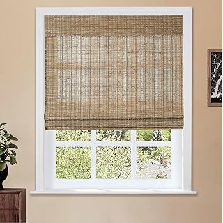 TWOPAGES No Drill Jute Bamboo Blind Cordless Roman Shade for Kitchen Win...