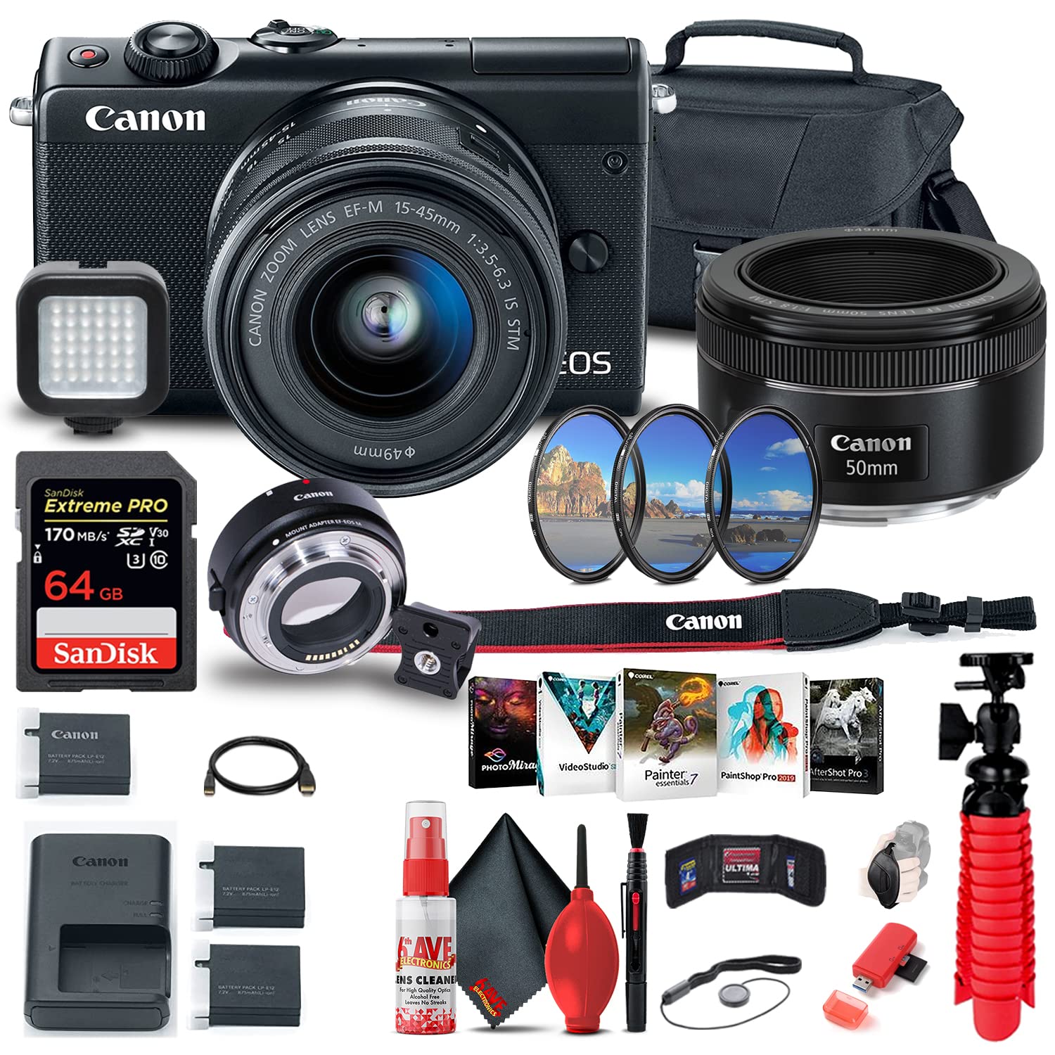 Canon EOS M100 Mirrorless Digital Camera with 15-45mm Lens (2209C011) + Canon EF-M Lens Adapter + Ca