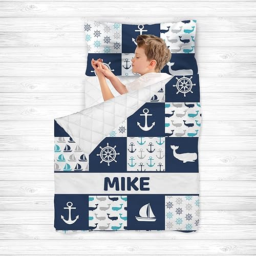 Tapete personalizado para siesta con nombre, sacos de dormir de vela y ancla para niños, colchón de cama personalizado para niños, bolsas de dormir