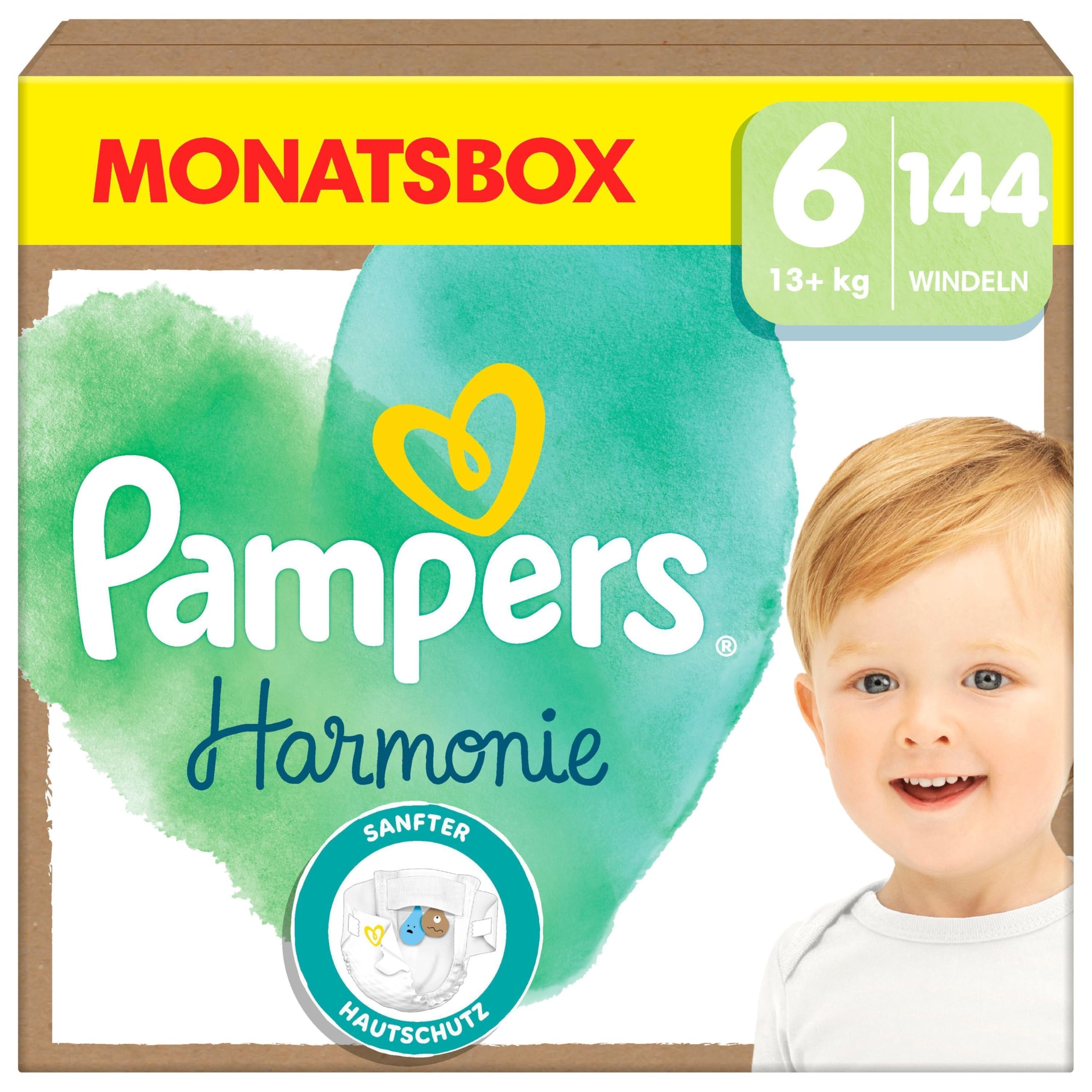 Pampers Harmonie Windeln Größe 6, 144 Windeln, 13kg+, sanfter Hautschutz mit 100Prozent Pampers Schutz
