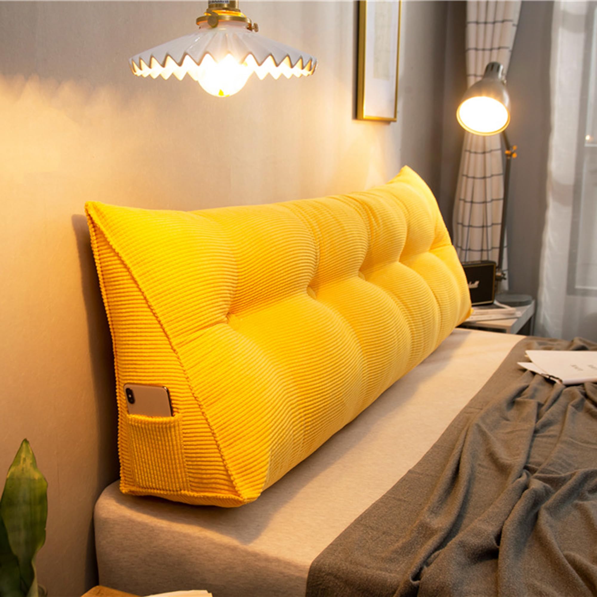 XIEMINLE Reading Backrest Cushion Triangular Headboard Cushion, King Size Wedge Pillows Backrest Support Cushion, Lumbar Bed Pillow for Bed Sofa Rest Book Reading,100 * 50 * 25cm,Yellow