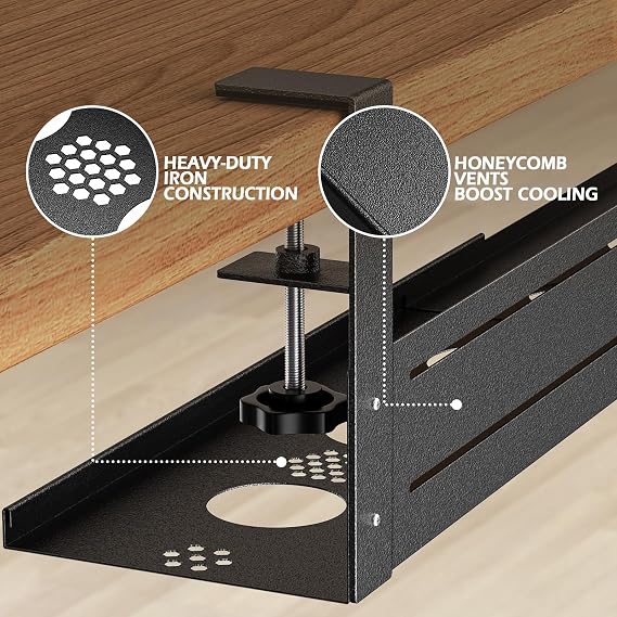 Retractable Under Desk Cable Management - No Drill 46–73 cm Cable Management Tray with Clamp Mount, Desk Cable Tray for Office, Gaming,Standing Desks(Black)