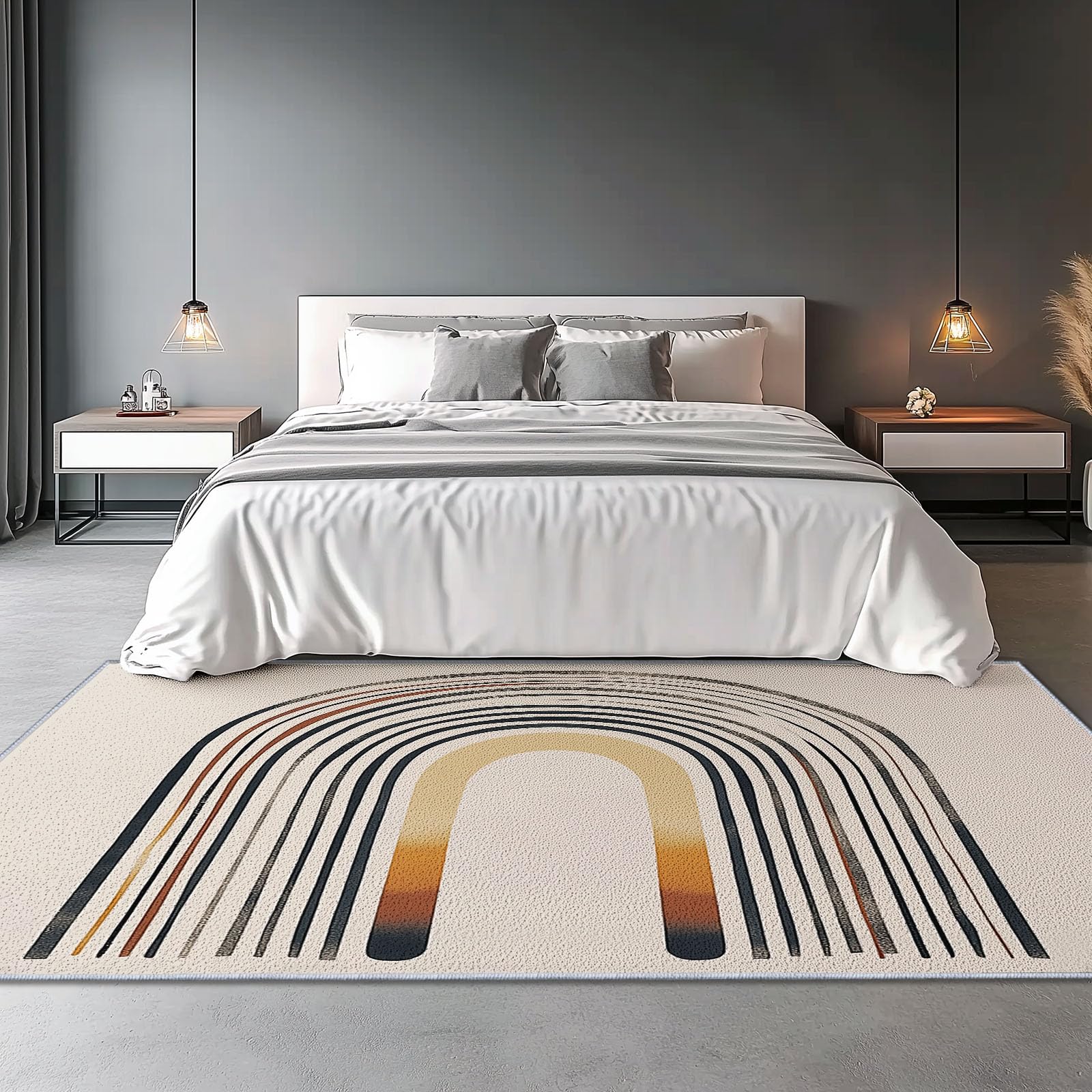 Tapis Beige Bohème Minimaliste Lavable Poils Courts