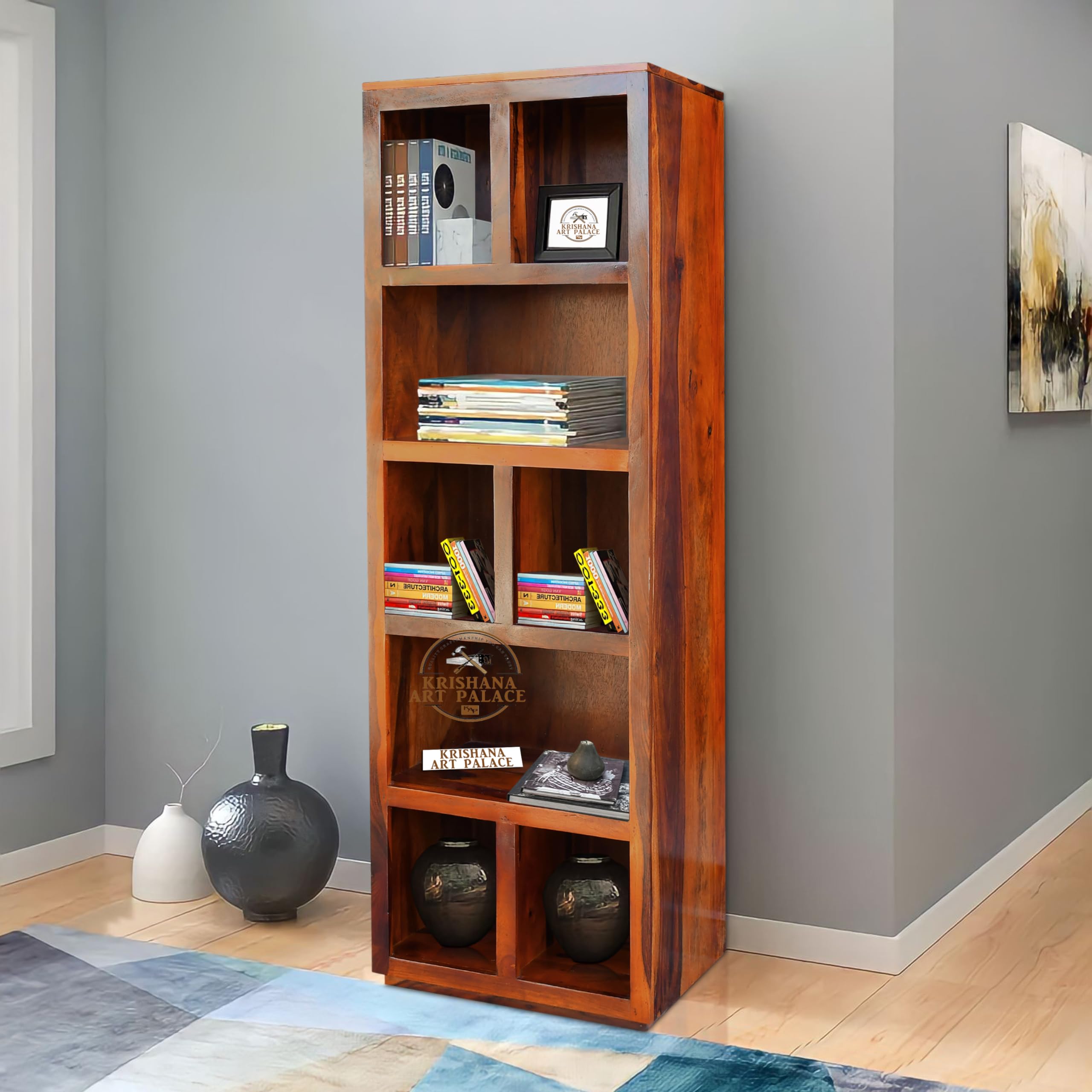 Krishana Art Palace? Wooden Book Shelf for Home Library | Book Shelves Open Bookcase Books Rack | Display Unit Book Stand for Office & Home (Natural Teak Finish)-image-42
