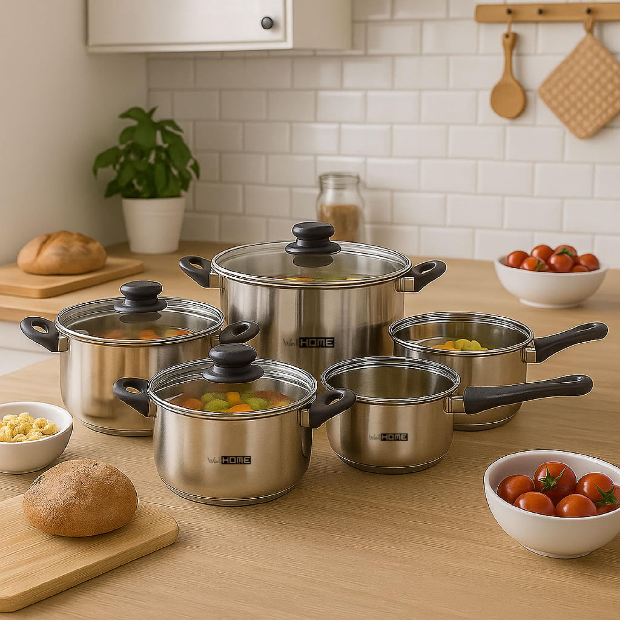 Well Home Set de Batería de Cocina de 8 Piezas y Sartenes en Acero inoxidable Ø20 Ø24 y Ø28 x5cm, Aptas para inducción y SIN antiadherente