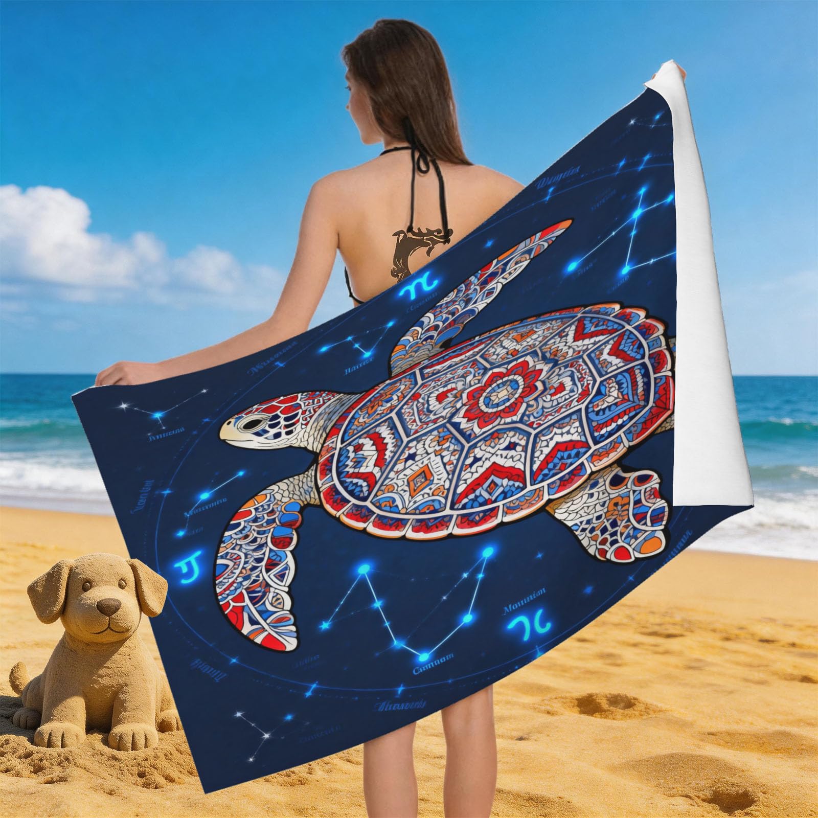 Leichong Men's Blue 3D Mysterious Turtle Beach Towel Large Microfiber Soft Quick Dry For Adults, Divination Bath Towel Lightweight Soft Absorbent For Travel Swimming Pool Sports, 180 X 90 Cm