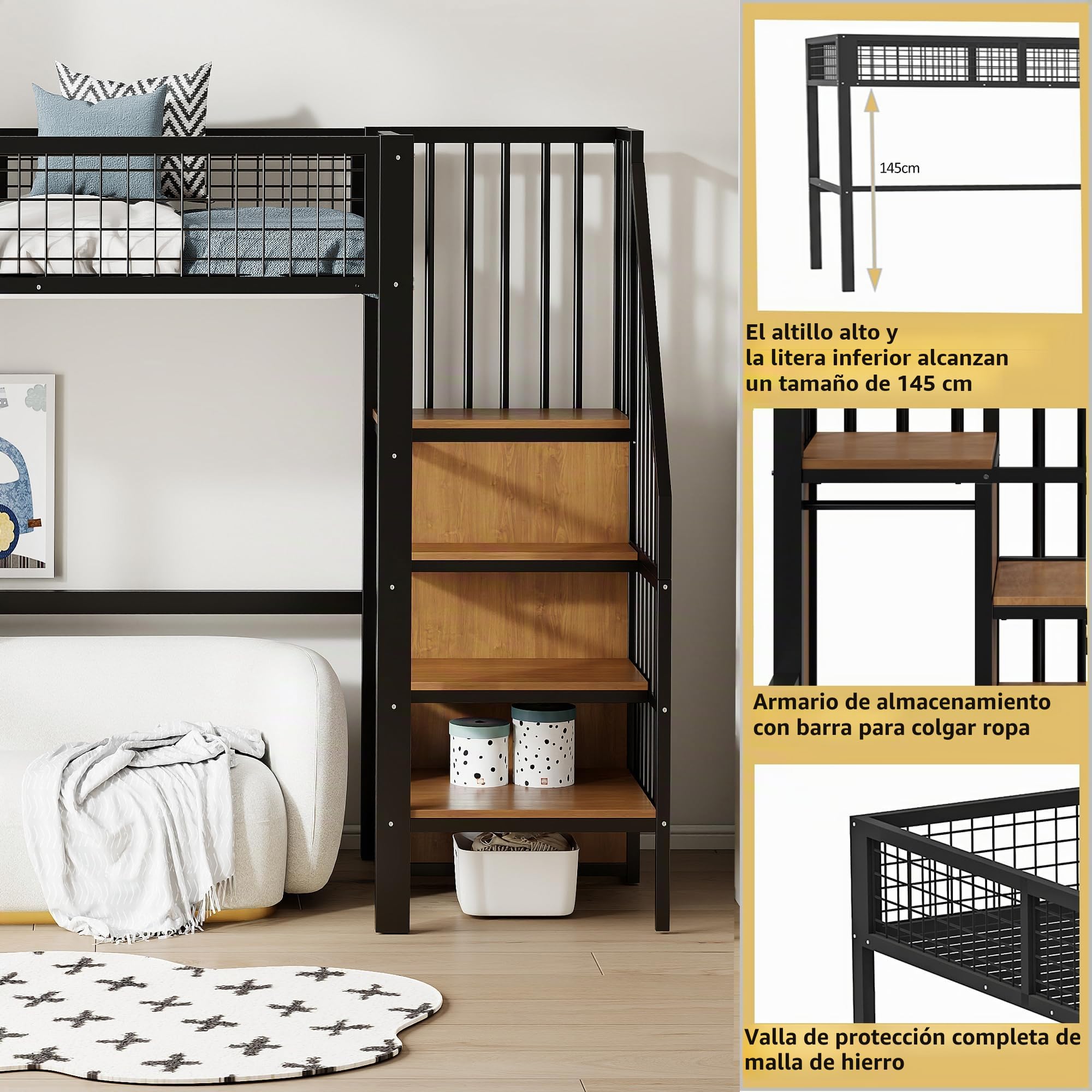 Azkoeesy Cama Alta con Escalera de Almacenamiento y Armario, 90 x 200 cm, para Adolescentes y Adultos, Marco de Hierro, con Rejilla y somier, Color Negro (Negro, 90x200 cm)