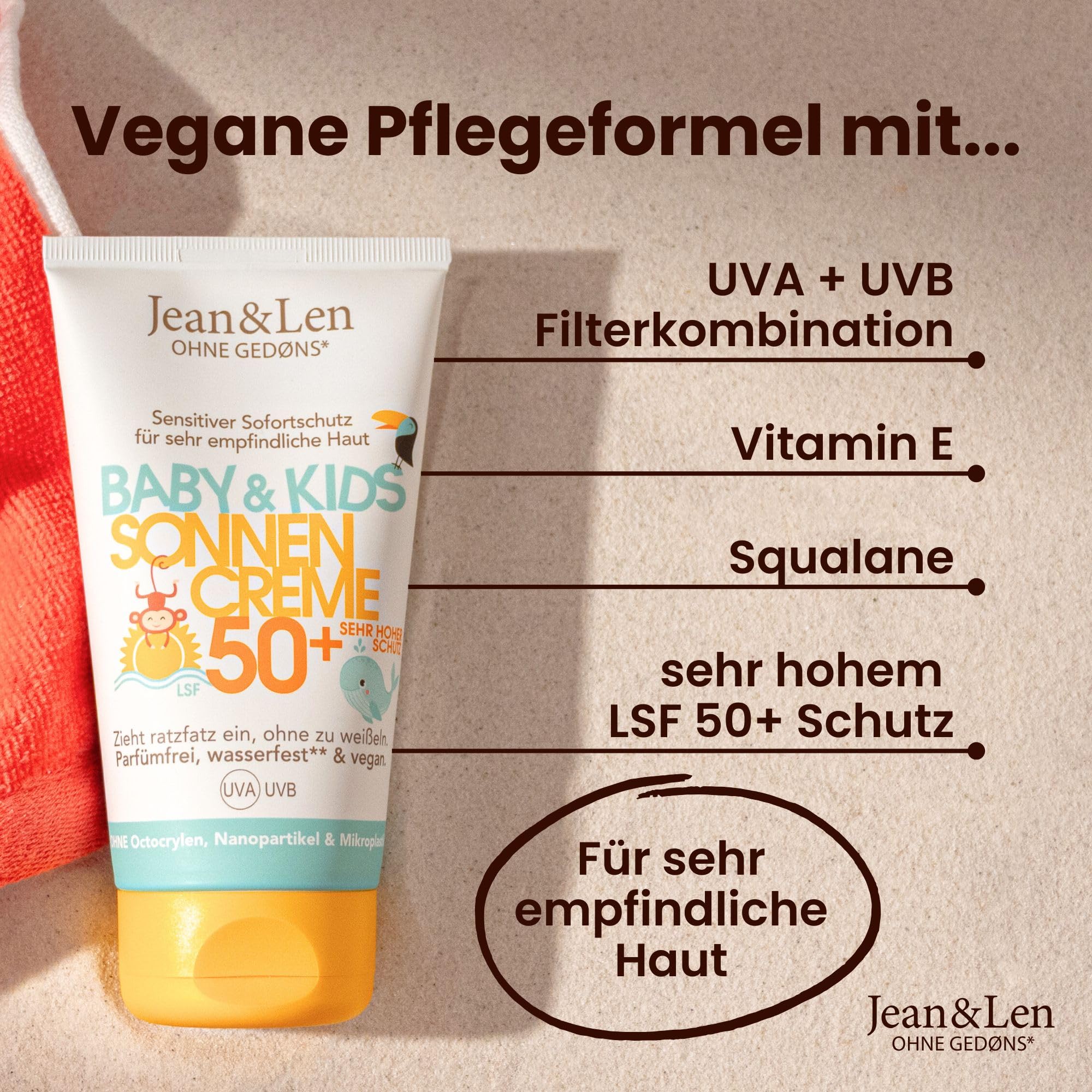 Jean & Len Sensitiv Sonnencreme Baby & Kids 50+ LSF, parfümfrei, wasserfest, für empfindliche Kinderhaut ab 6 Monaten, ohne Octocrylen & Duftstoffe, vegan, Kindersonnencreme, 100 ml