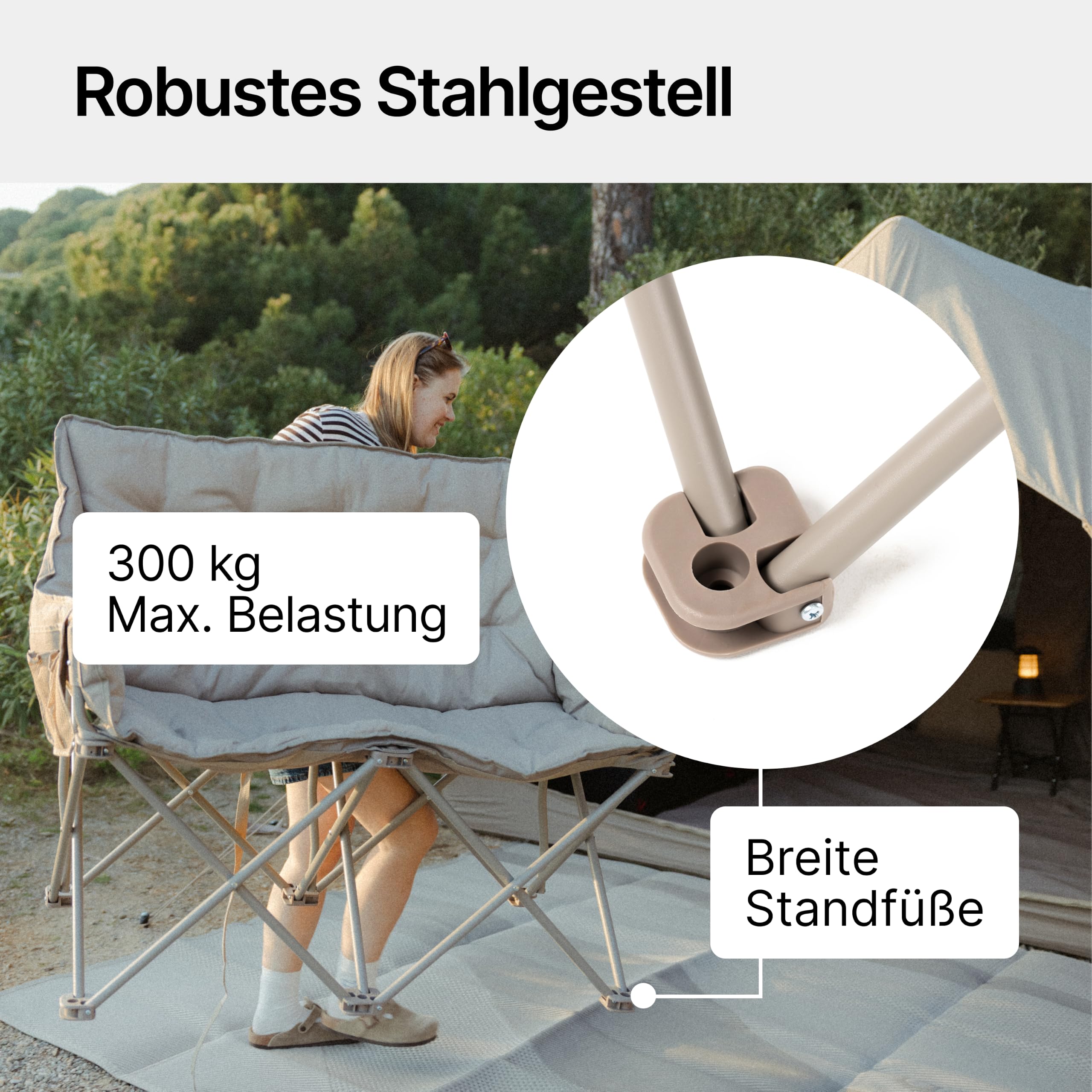 qeedo Johnny Cozy Faltbarer Campingbank gepolstert mit Cozy Bezug – Sofa-Feeling für 2 Personen – Rucksack-Packtasche – bis 300 kg belastbar