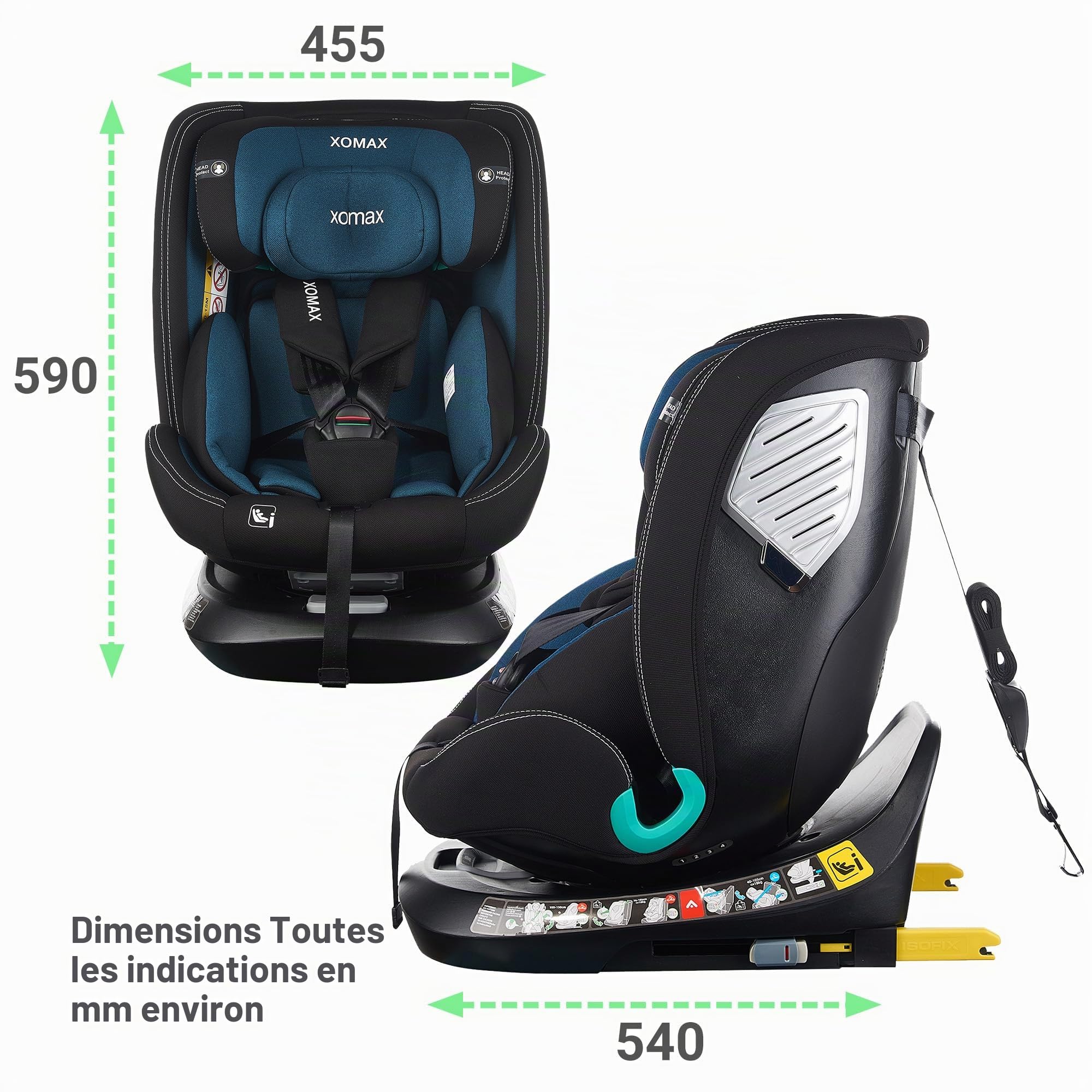 XOMAX G409 Siège enfant rotatif à 360°, support, ISOFIX, évolutif, 0-36 kg, 0-12 ans, groupe 0+/1/2/3, harnais 5 points, harnais 3 points, housse lavable, ECE R129 (bleu-noir)