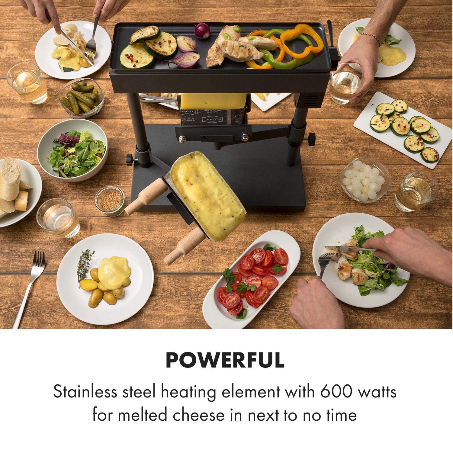 Klarstein Appenzell XL – raclette z grillem, 600 W, termostat, element grzejny ze stali nierdzewnej, płyta grillowa na górze, 2 uchwyty do sera: z regulacją wysokości/obrotową/pochyleniem, czarny