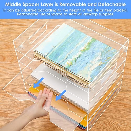 Vista 13 de MaxGear Bandeja acrílica de 2 niveles, organizador de papel de escritorio apilable, bandeja transparente para archivos y documentos con extraíble