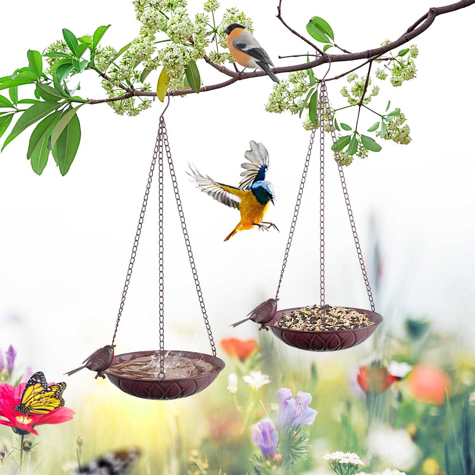 2 Pack Hanging Bird Bath for Outdoors, Metal Birds Feeder & Water Bowl with Chains and S-Hooks, Garden Birdbath Tray for Patio Porch, Tree Branch, Backyard Yard Decor (Rustic Brown)