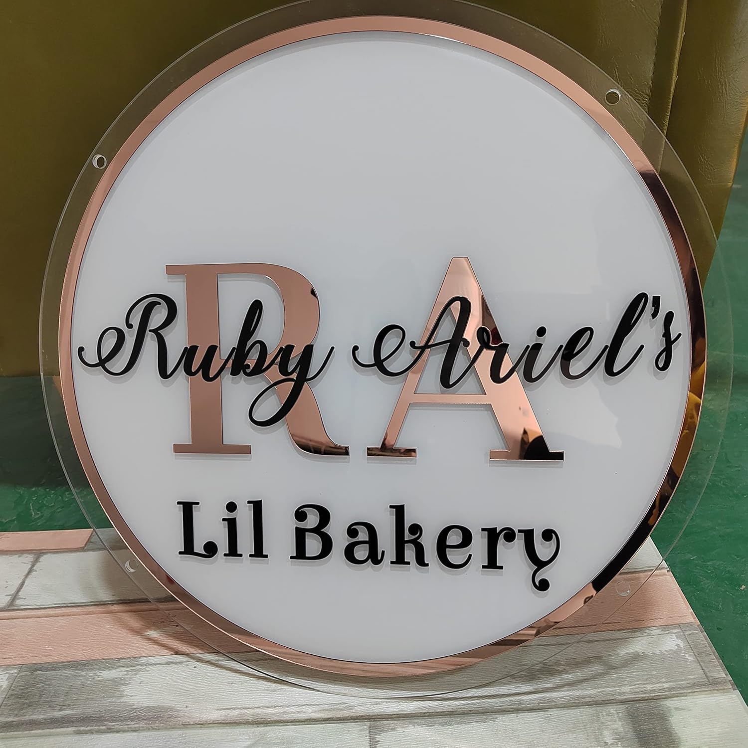 Custom Logo Sign, Acrylic Logo Salon Business Name Sign Round Office 3D Acrylic Signage Plaque Room Mirror Laser Cut storefont Decor (60cm, Sliver Mirror Rim, Rose Pink Acrylic Board)