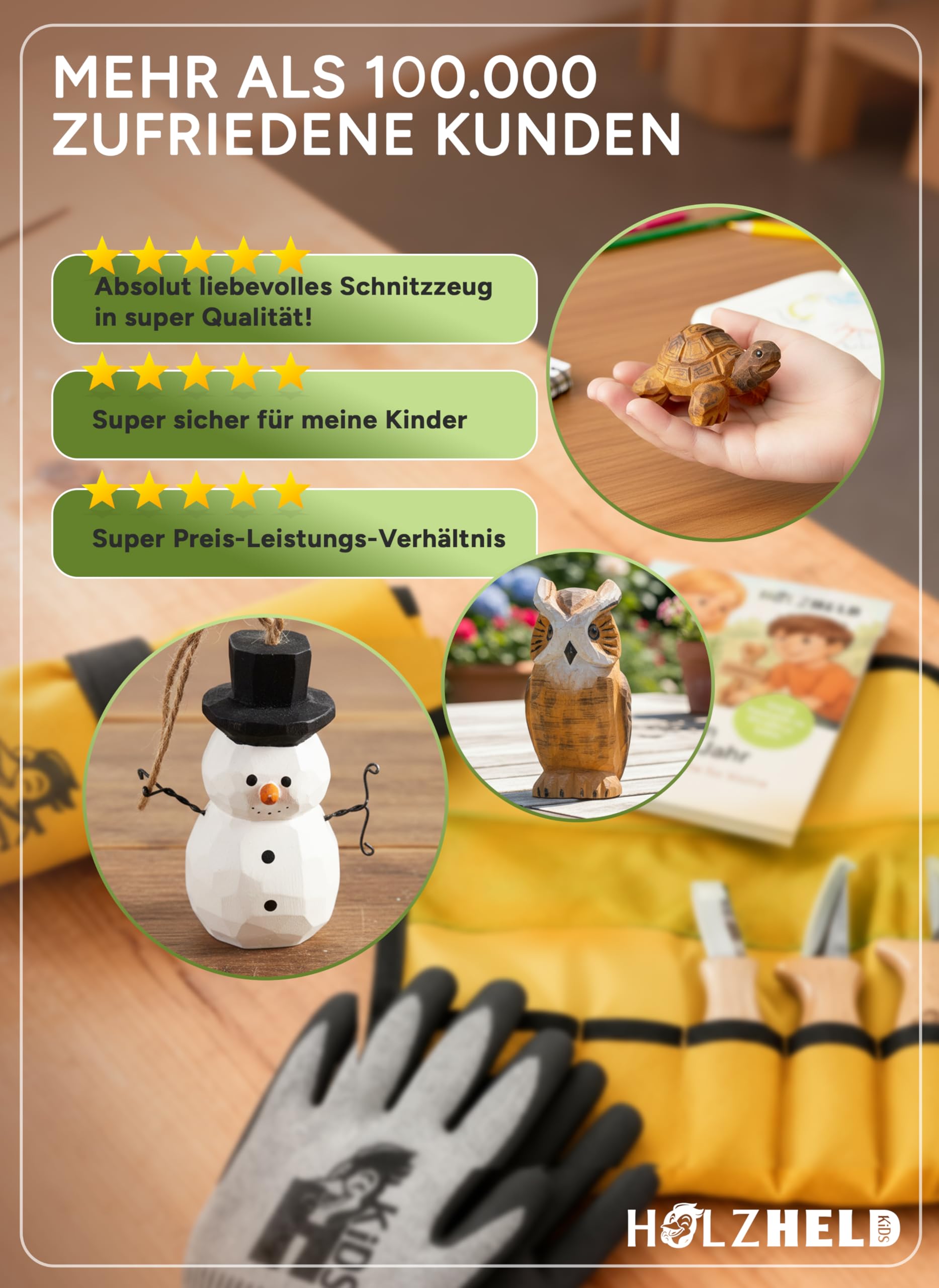 HOLZHELD - Schnitzmesser Kinder ab 4 Jahren - Schnitzwerkzeug Set inkl. Schnittfeste Handschuhe - Schnitzset mit praktischem Etui - Schnitzen Ab 4, 5, 6, 7, 8, 9 | Gelb Größe 5