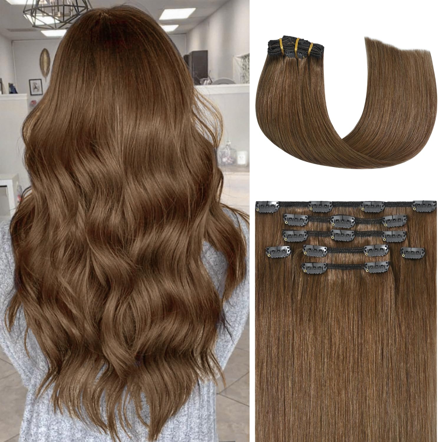 Honsoo Brown Clip in Hair Extensions Real Human Hair Chestnut Brown 15nch 70g 7pcs Real Straight Human Hair Extensions Silky Brown Hair For Women
