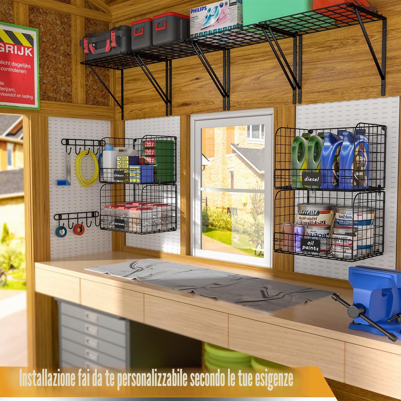 ThreeHio Confezione da 2 mensole da garage da parete con cestelli metallici, resistenti, industriali, per garage, giardino, casa, organizzazione e stoccaggio