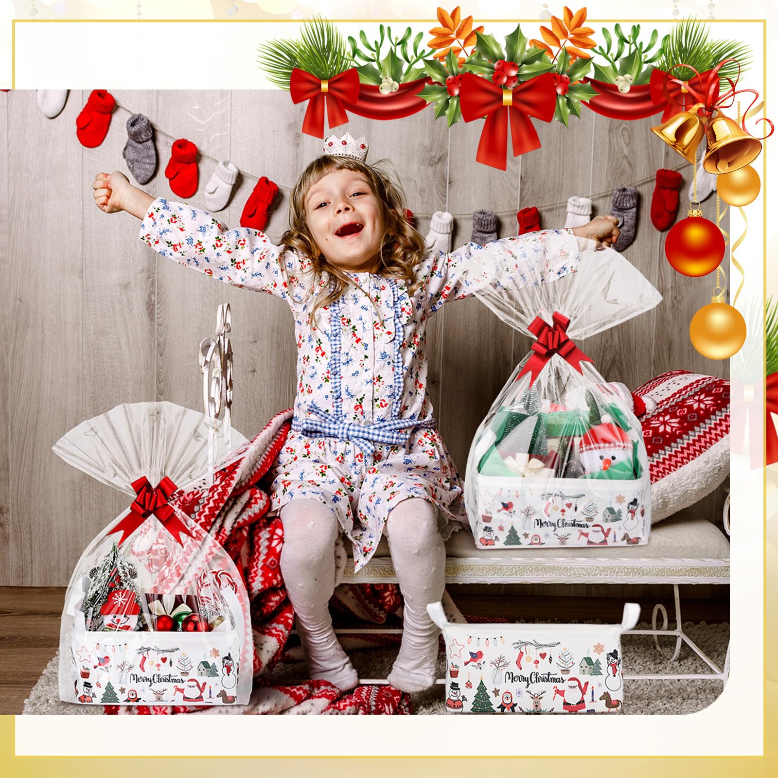 Yexiya 48-teiliges Weihnachts-Geschenkkörbe, leeres Set, enthält 6 Körbe mit 6 Geschenktüten, 6 rote Schleife, 30 Papierauskleidung für Geschenke, leer zum Befüllen mit Korb, leer, Körbe für