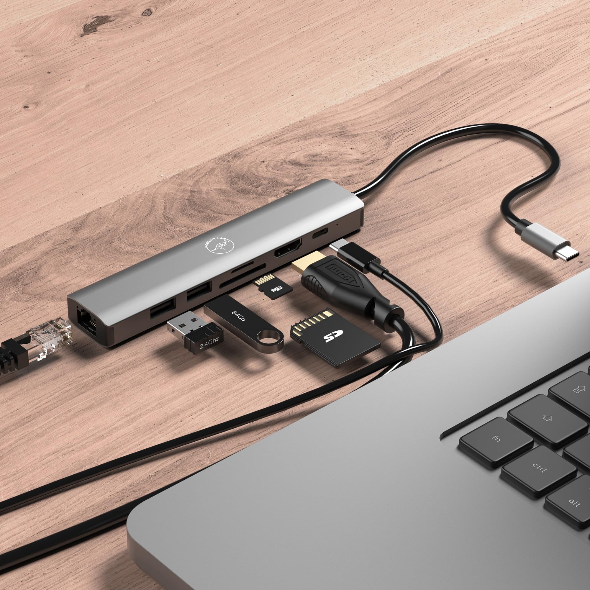 Mobility Lab – Hub Adaptateur USB-C 7 en 1 100W – Port HDMI, 1 Port USB-C, 2 Ports USB 3.0, Ethernet, Lecteur de Carte SD et Micro SD – Transfert de donnée Rapide et HDMI 4K – pour macOS et Windows