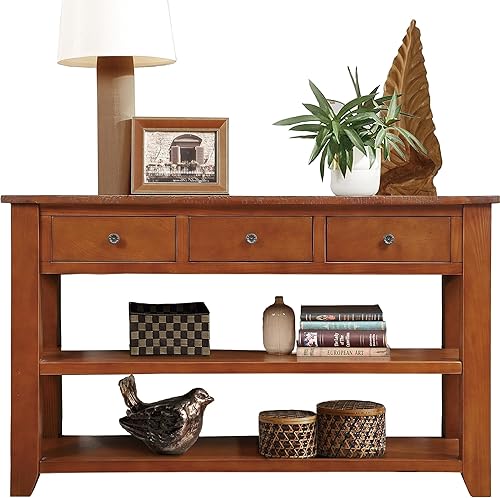 LKTART Mesa consola de madera maciza con cajones de almacenamiento y estante inferior, mesa de sofá para entrada, pasillo, vestíbulo, sofá, mesa de