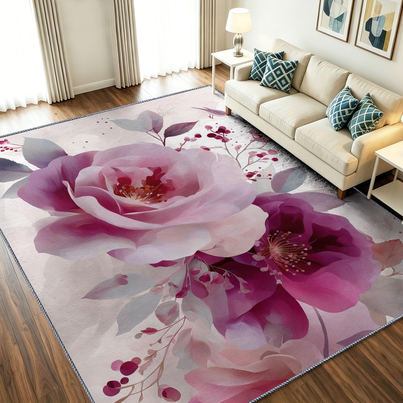 Tapis salon floral 120x170 cm rose pivoine en tissu ras court lavable