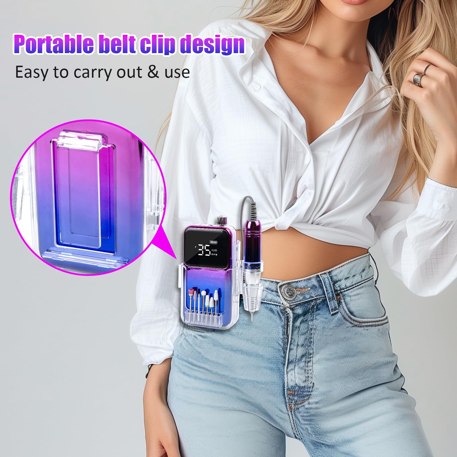 Torno para Uñas Profesional 35000RPM Pulidor Lima Electrica Uñas con 12 Cabezales de Pulido y 36 Cintas Abrasivas para Manicura y Pedicura