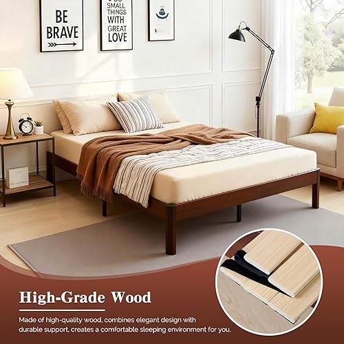 Miniatura 4 de Base de cama de plataforma tamaño Queen para dormitorio, marcos de cama de madera resistente de 14 pulgadas con listones de madera, fácil montaje,