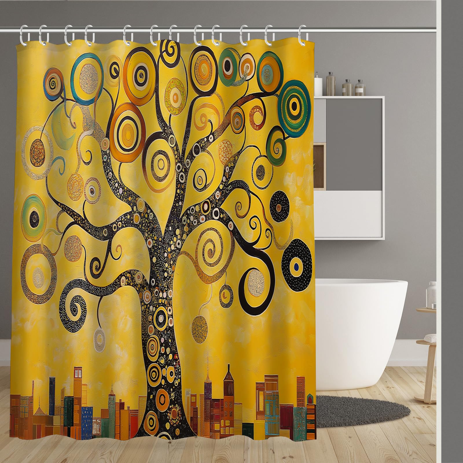 Rideau de douche imperméable 180x180cm en polyester lavable motif arbre abstrait avec 12 crochets