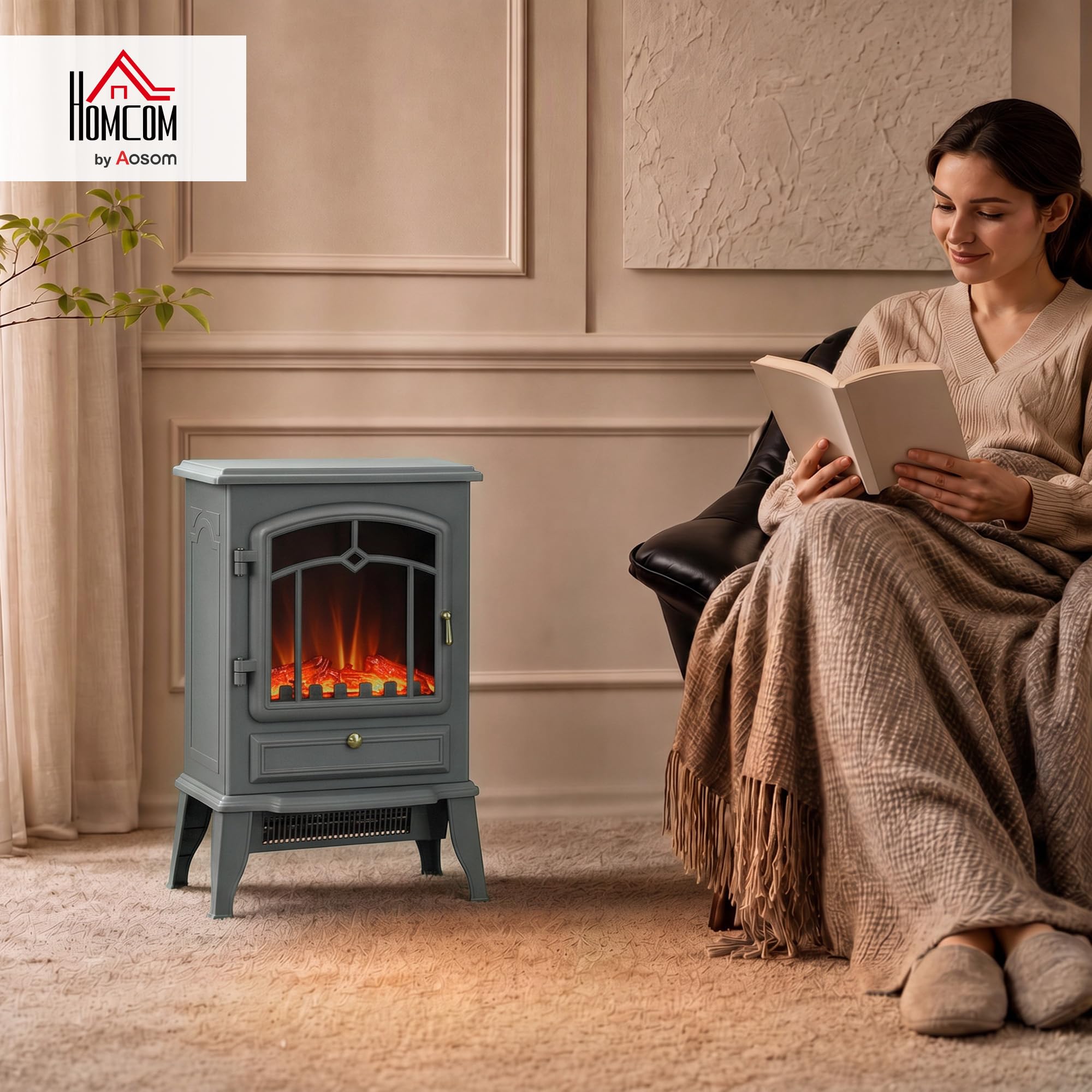 HOMCOM kominek elektryczny wolnostojący, 950/1850 W, szary
