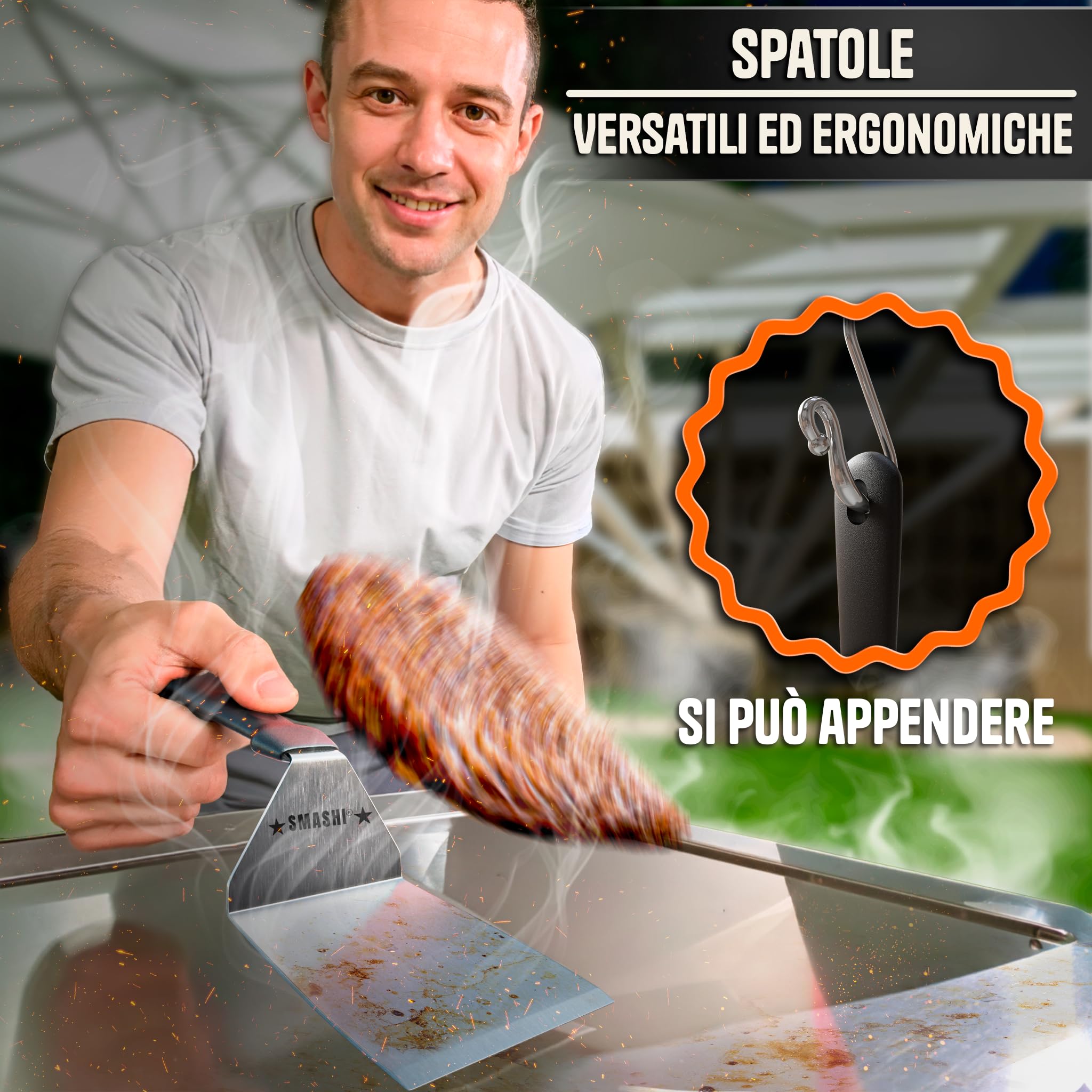 SMASHI® Kit Smash Burger Professionale – Pressa Hamburger in Acciaio Inox 304 Certificato EU | Espátola, Pressa, 50 Fogli Antiaderenti | Il Kit Autentico per Smash Burger