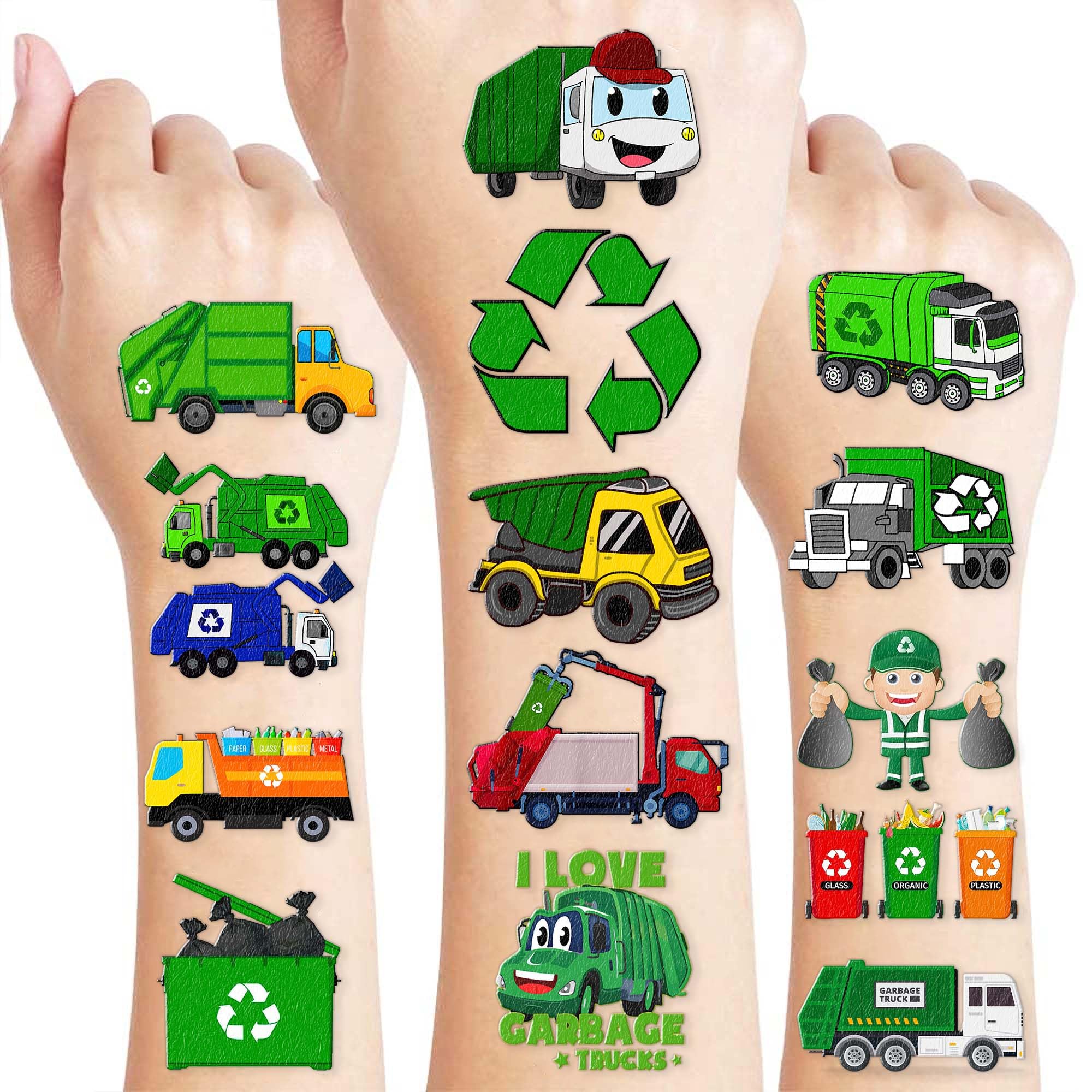 Garbage Truck Pre-Cut Temporary Tattoos for Kids – 96PCS Construction Vehicle Birthday Party Favors, Boys Party Supplies, Removable Non-Toxic Stickers