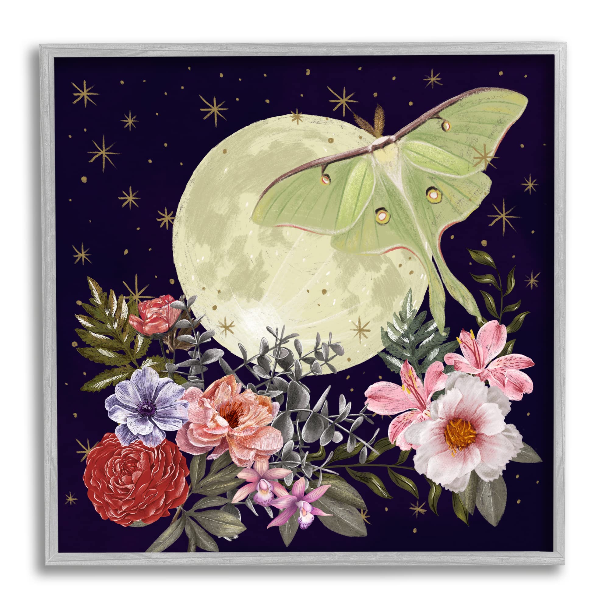 Stupell Industries Calming Nighttime Luna Moth Flying Moon Flowers, Design by Raquel Maciel