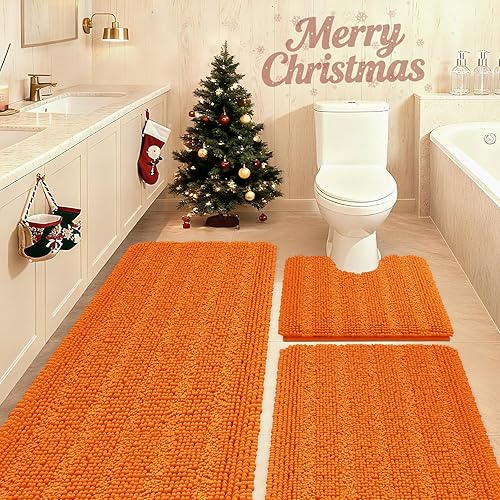 ACCUMTEK Juego de 3 alfombras de baño a rayas naranjas ultra suaves, antideslizantes, tapetes de baño absorbentes de felpa lanuda para baño,