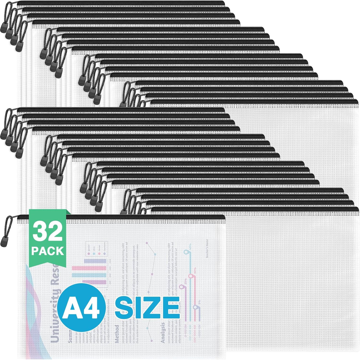 Umriox A4-48P 48pcs Mesh Zipper Pouch Bags, 16 Color, Clear Zipper Pouches for Organizing, Office, Home, Travel