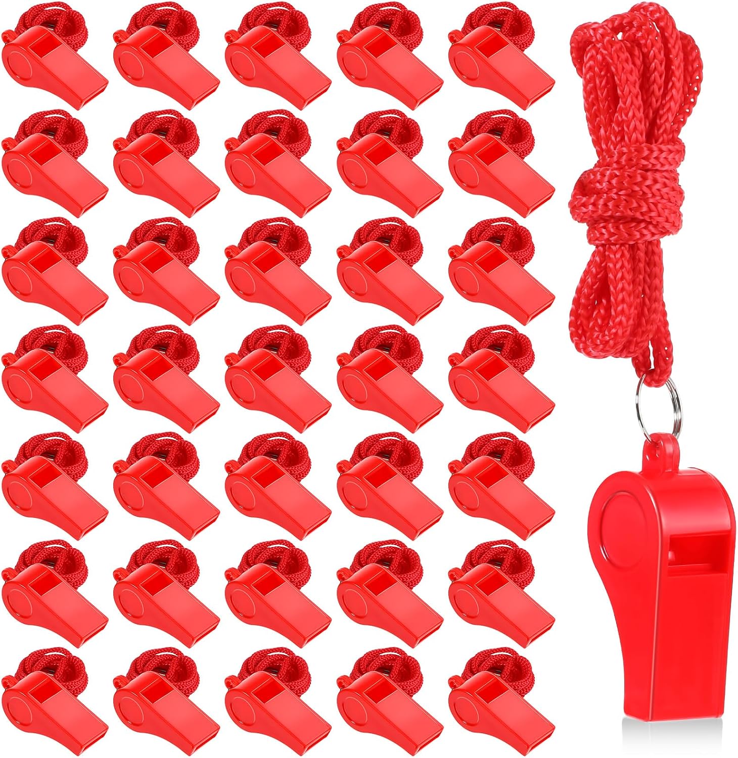 100 Pcs Coach Whistle with Lanyard, Plastic Red Emergency Whistle Bulk Loud Sound Sports Whistles for Referees Coaches Emergencies Athletes Training Outdoor Sports