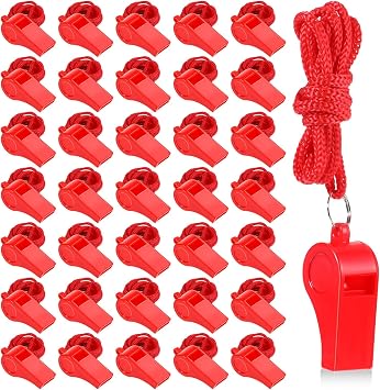 100 Pcs Coach Whistle with Lanyard, Plastic Red Emergency Whistle Bulk Loud Sound Sports Whistles for Referees Coaches Emergencies Athletes Training Outdoor Sports