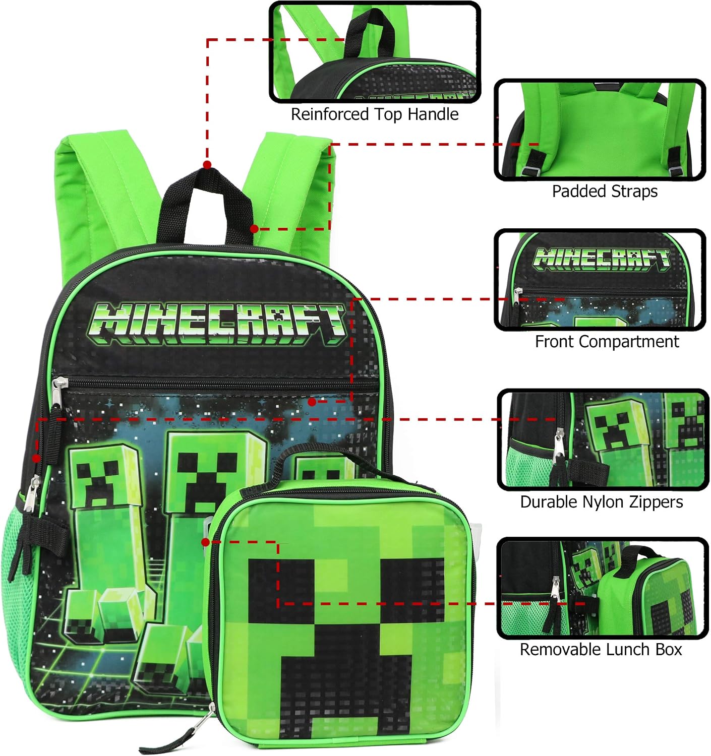 Minecraft Creeper Full Size 16" Backpack and Lunchbox Set