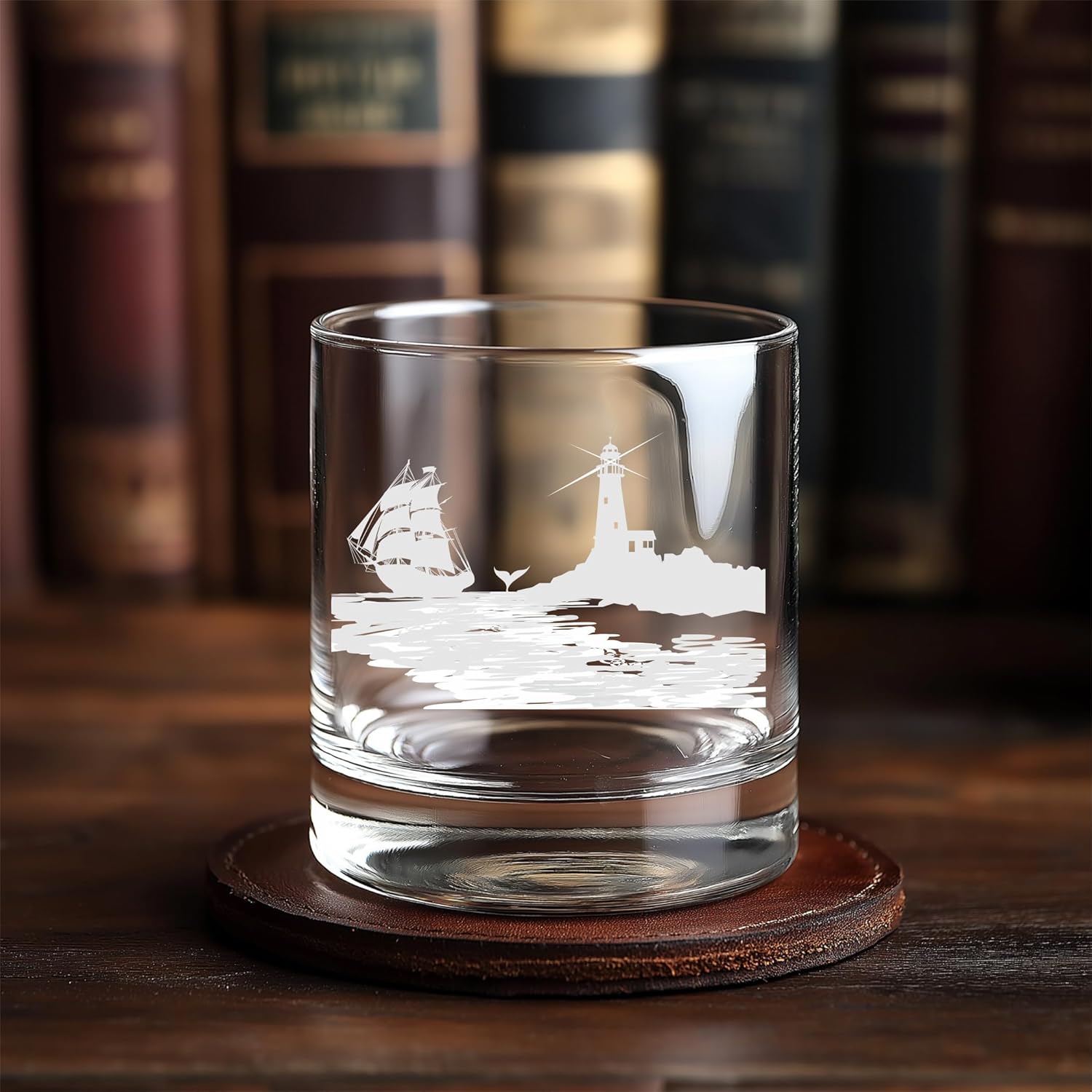 C M - Lighthouse with Vintage Themed Ship - Nautical Whiskey Rocks Glass - Nautical Gift for Men and Women - 11 oz - Clear Glass