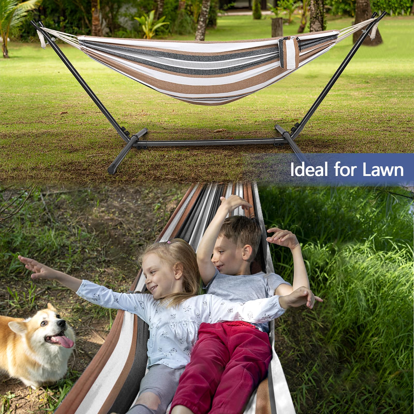 Bonnlo Hamaca con Soporte para Exterior,Hamacas Colgantes, Capacidad de Carga hasta 204 kg, Incluye Bolsa de Transporte, Hamaca Jardin, Hamacas Colgantes,Altura Ajustable (Café)