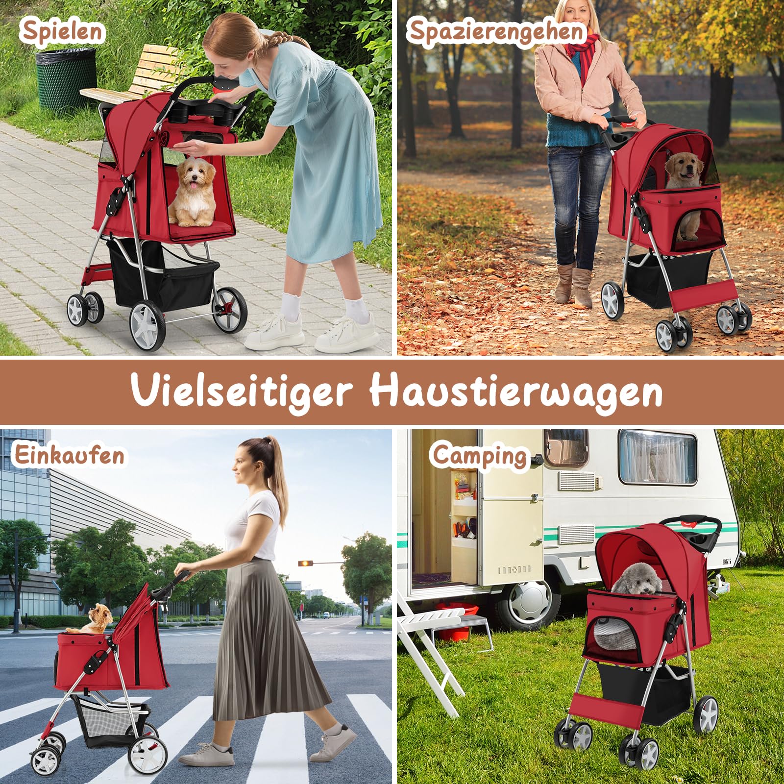 GYMAX Haustierwagen, faltbarer Katzen-/Hundebuggy bis 15 kg belastbar, Hundewagen mit Aufbewahrungskorb, Regenschutzabdeckung & Netzfenster, Reisewagen mit 4 Rädern für kleine Haustiere (Rot)