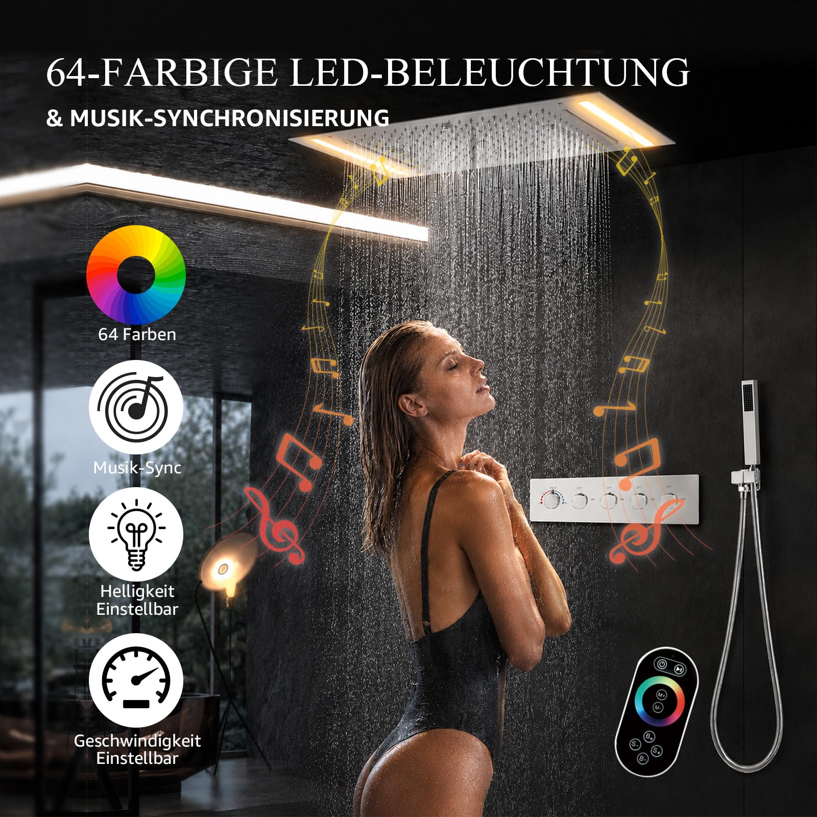 Musik Duschgarnitur mit Regendusche ohne Armatur Duschsystem Mit Thermostat 64 Farben LED Duschgarnitur aus Messing, 638x338mm 5 Modi Duschkopf und Handbrause (Chrom)