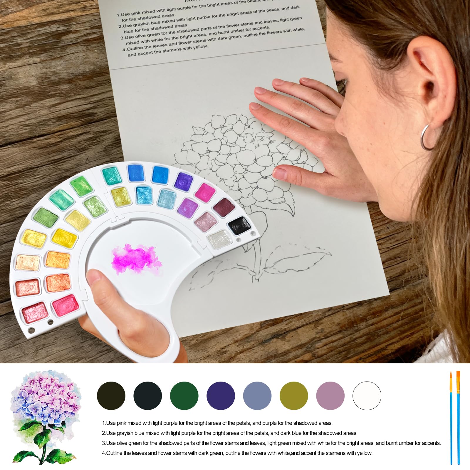 Aquarell-Arbeitsbuch, Wassermalbuch mit 13 Seiten, 300 g/m² Papier, 26 Farben, Aquarellfarben-Set mit Pinsel und Aufbewahrungstasche, Anfängerfreundliches Malbuch für Erwachsene