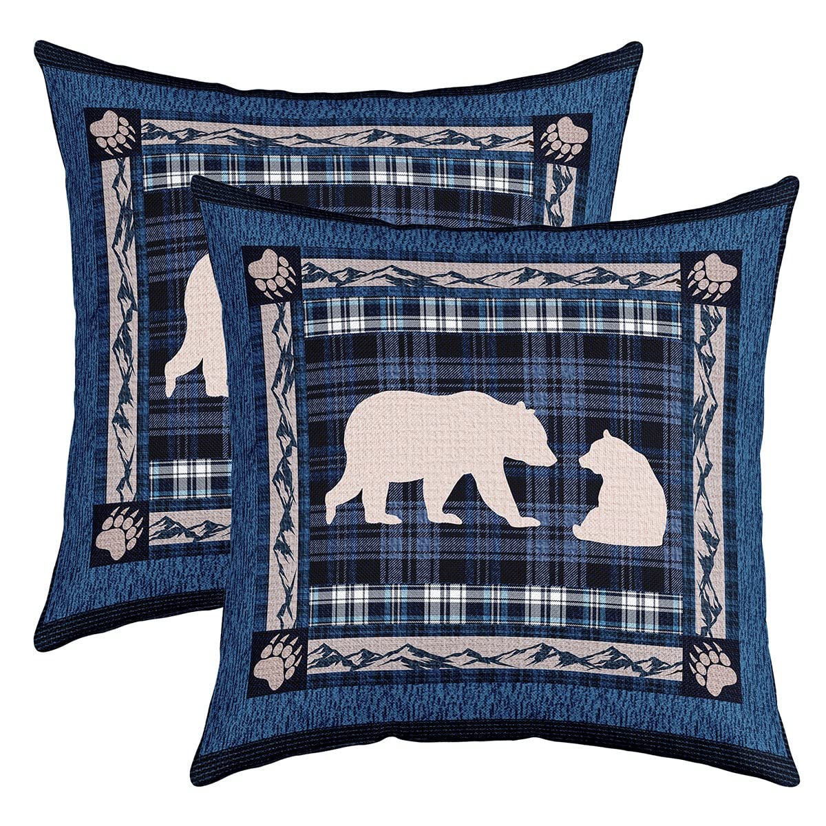 Loussiesd 50x50cm Cabin Bear Kids Wild Animals Pillow Covers 2pcs Set Pillow Covers Soft Decor Rustic Cabin Country Decorative Sofa Cushions Wild Animals Buffalo Check Blue Decorative Cushions — image 1