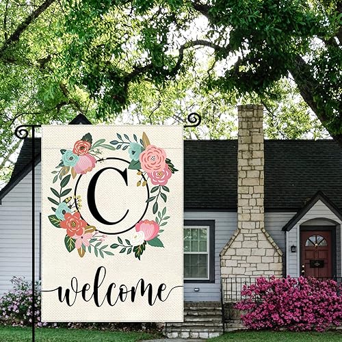 Miniatura 2 de YeeCASE Bandera de jardín con letra monograma, floral, 12 x 18 pulgadas, doble cara para exterior, pequeña de arpillera, familia, apellido, bandera