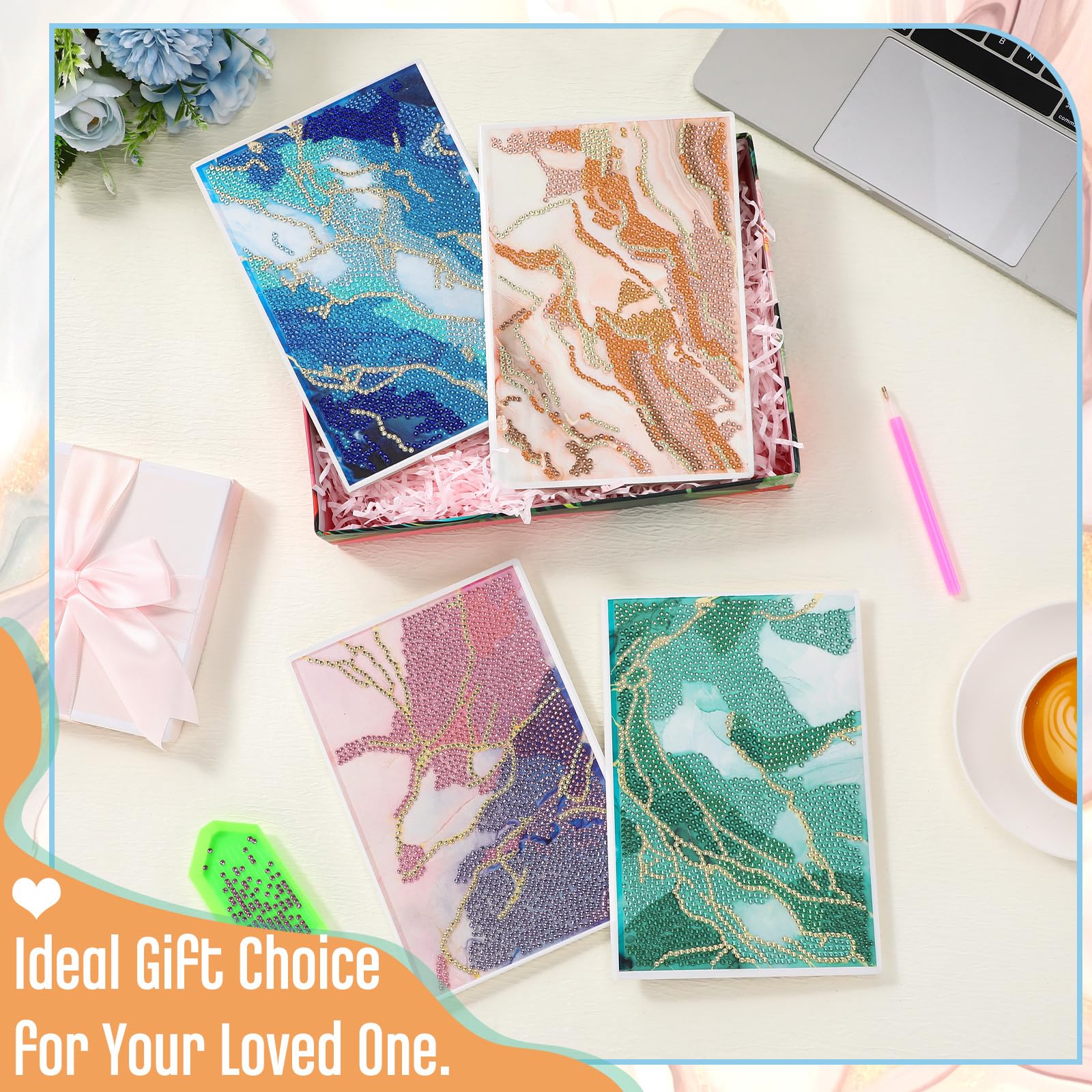 Mooliwe 4 cuadernos de pintura de diamantes 5D para adultos, diario de arte de diamantes, juegos de arte de diamantes, juegos de arte de diamantes, A5, cuaderno de bocetos de pintura de cuero,