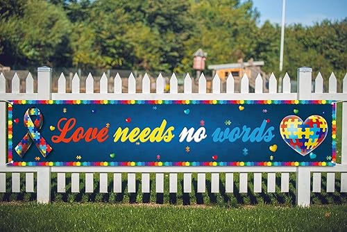Miniatura 4 de Love Needs No Words - Cartel de valla para concientización sobre el autismo, pieza de rompecabezas con forma de corazón, fiesta, cabina de fotos,