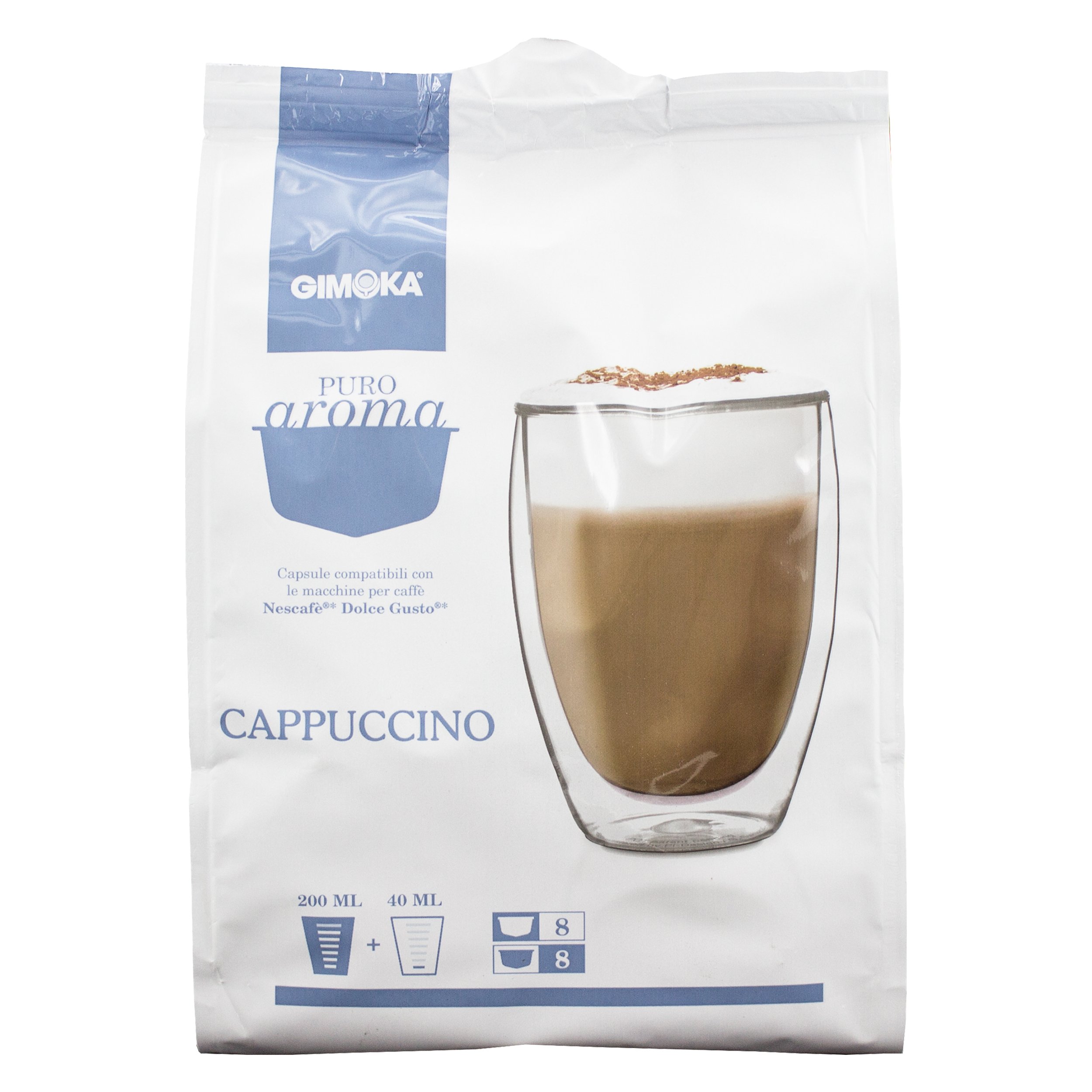 Puro Aroma Gimoka capuchino, café, café tostado y leche cápsulas, cápsulas Nescafé Dolce Gusto compatible, azul claro, 160 cápsulas/80 porciones