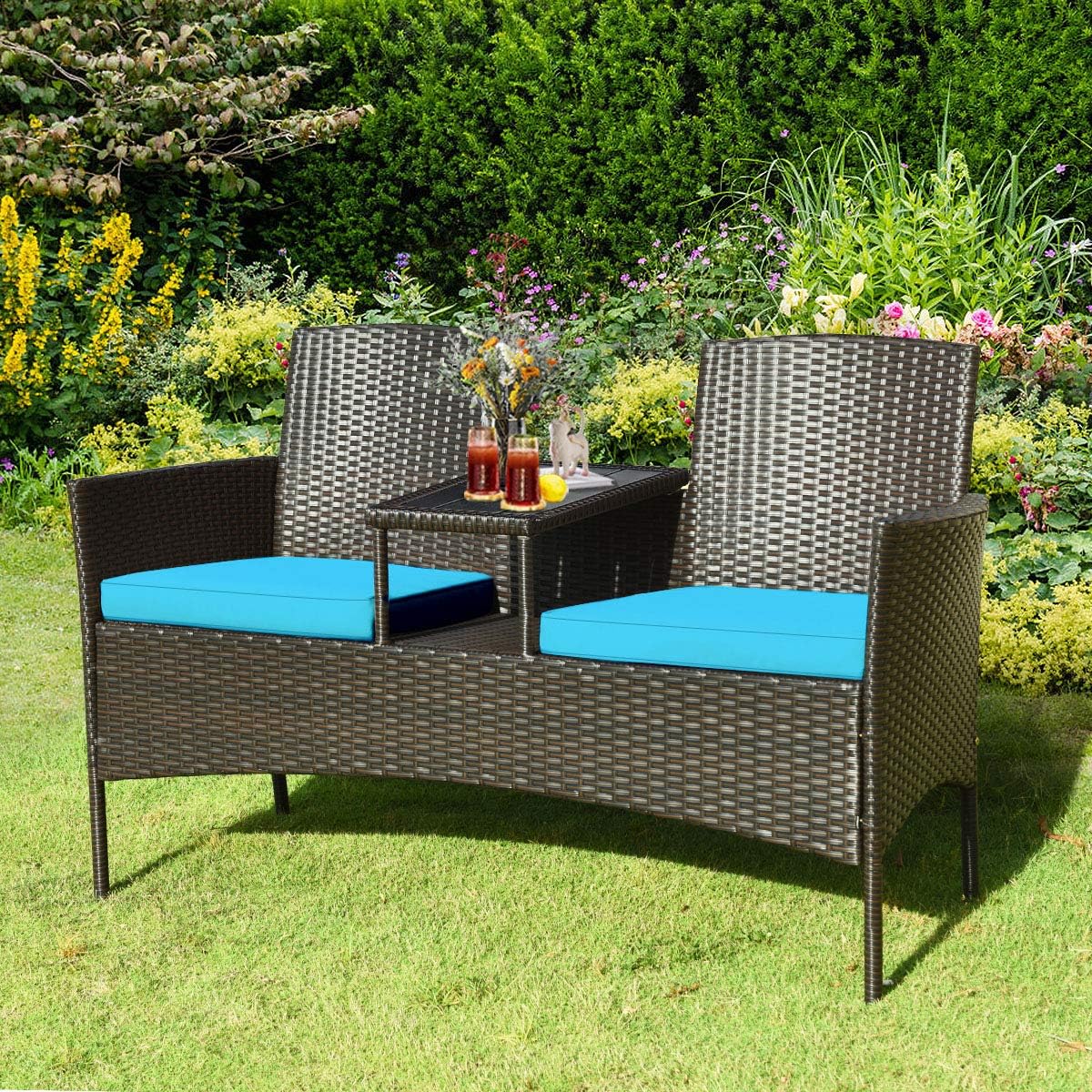 DORTALA Outdoor Patio Loveseat, Wicker Conversation Set with Cushions and Built-in Coffee Table, 2 Person Rattan Seating for Garden Lawn Backyard, Dark Brown+Turquoise