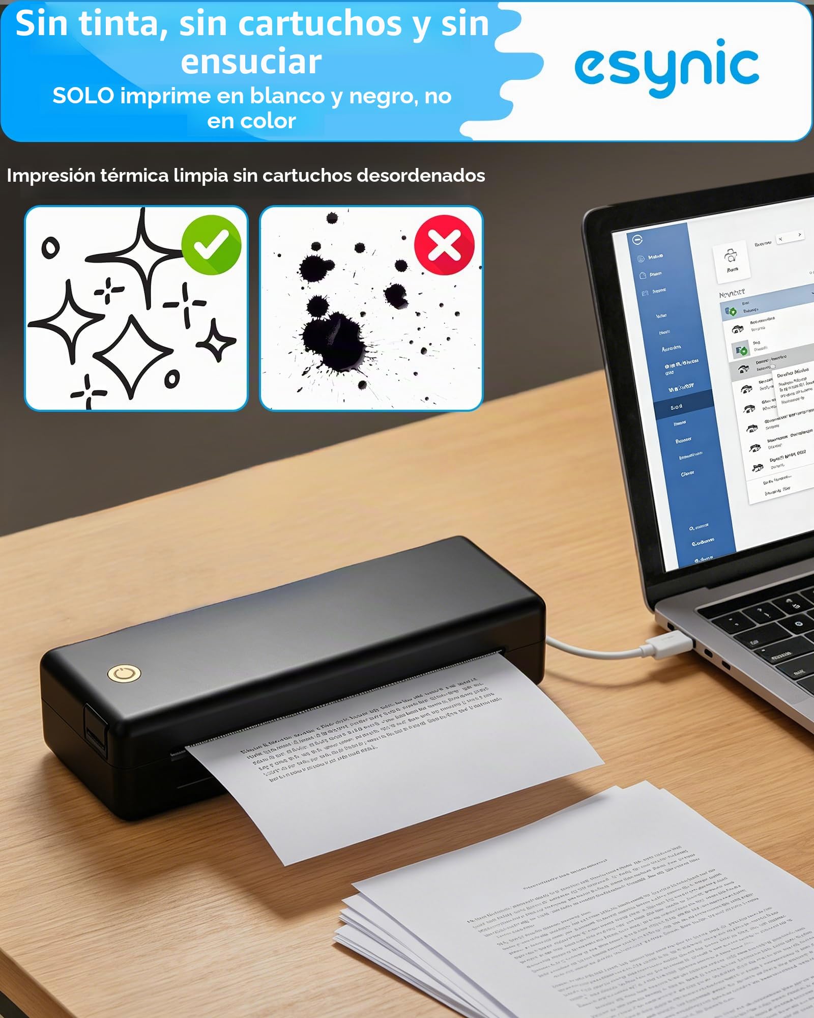 eSynic Impresora Portátil A4 sin Tinta Impresora Térmica Bluetooth Mini Impresora Móvil Impresora Compacta Impresora Inalámbrica Multitamaño para Oficina Estudio con Batería 2600mAh - Negro
